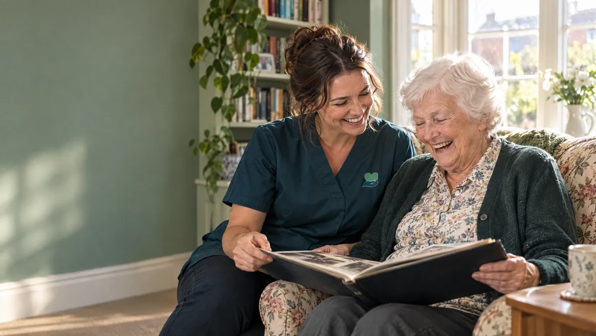 A Kainos Care carer laughing with an older woman as they look through a photo album at home