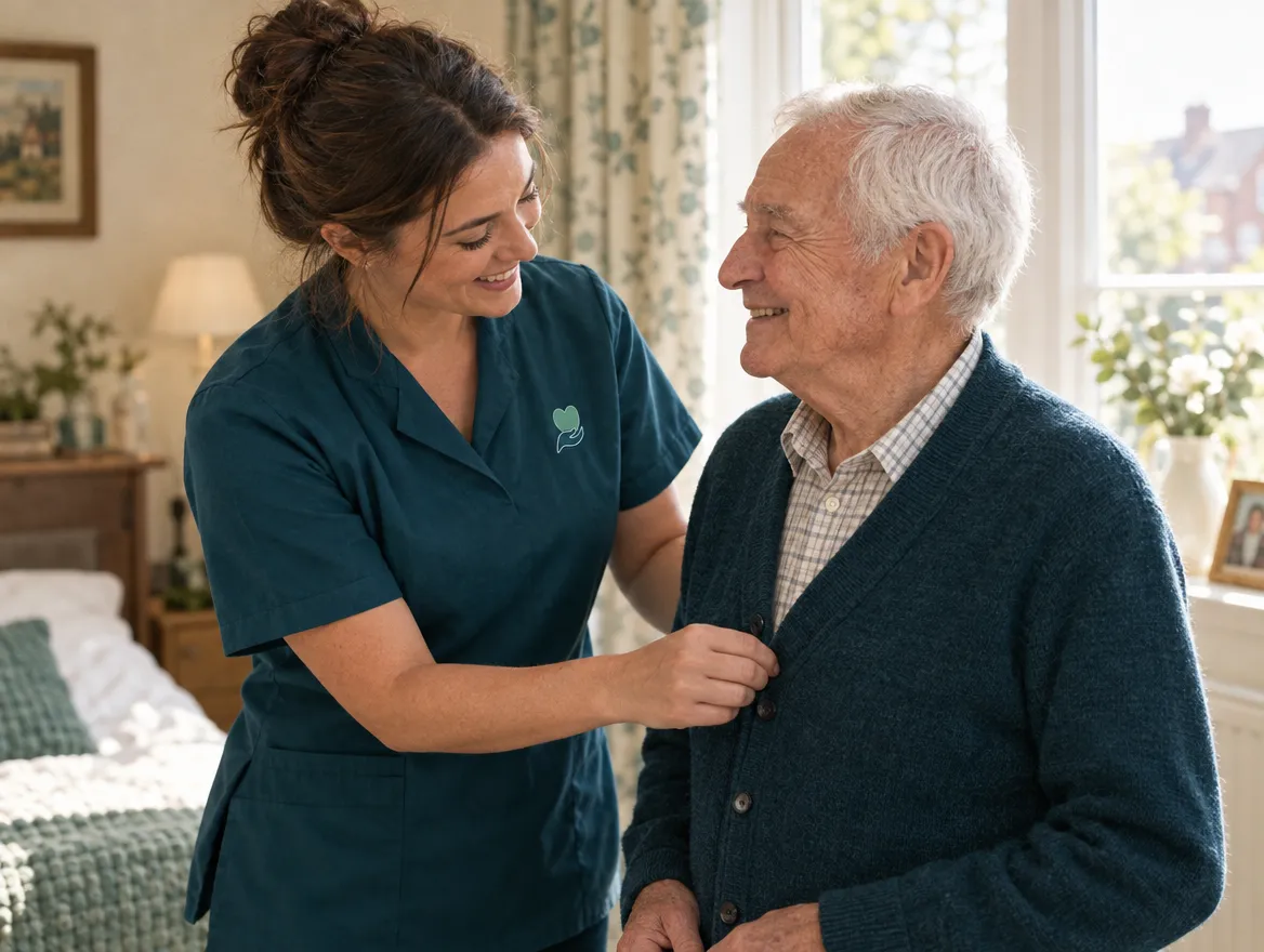 A carer helping an older man button his cardigan by a sunny window