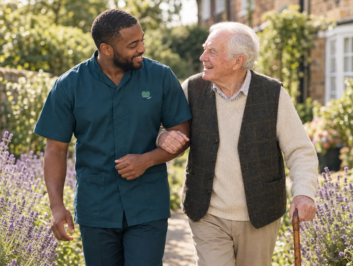A carer walking arm in arm with an older gentleman along a garden path